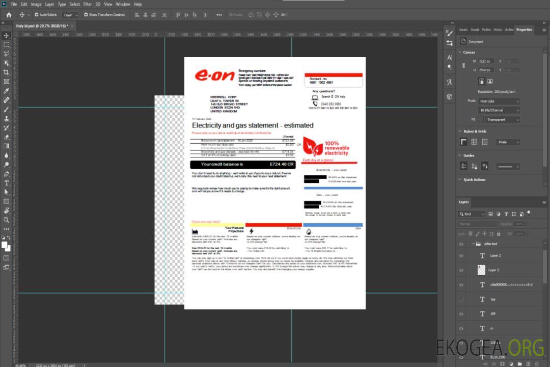 Facture d'entreprise de services publics d'E.ON au Royaume-Uni, SCR1 template Facture d'entreprise de services publics d'E.ON au Royaume-Uni, SCR1 template